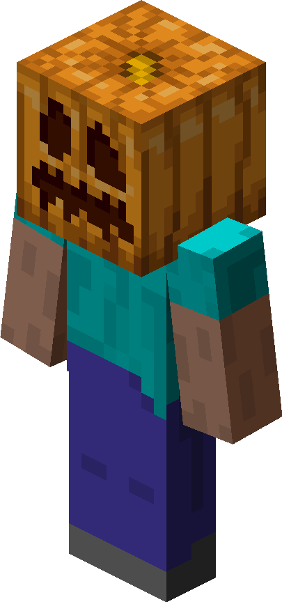 Minecraft Steve with a Carved Pumpkin helmet.