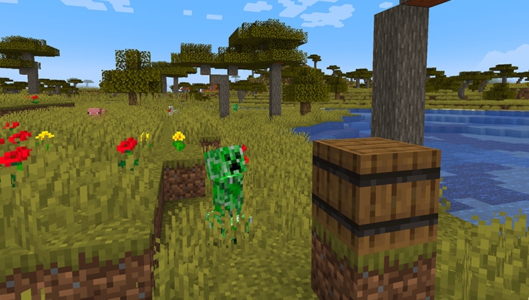 A Minecraft Creeper staring at a conspicuous Barrel.