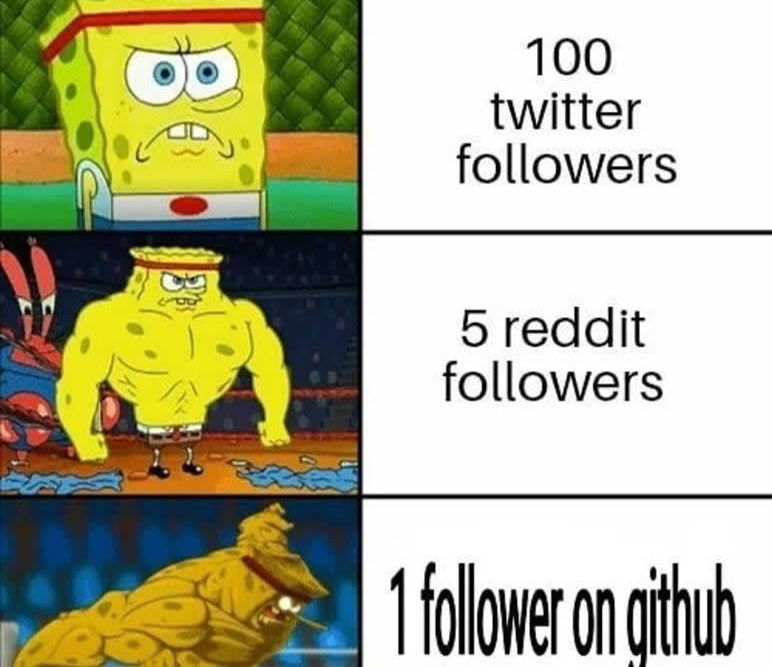 100 twitter followers < 5 reddit followers < 1 follower on github