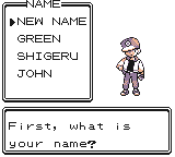 Screenshot of the name entry screen for pokered, with the original boy player character.