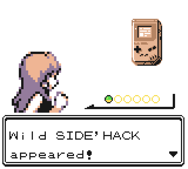Screenshot of the original Pokemon Game Boy game, but it has been hacked to feature both a female trainer, and Game Boy shaped wild Pokemon. The text box reads: Wild SIDE'HACK appeared!