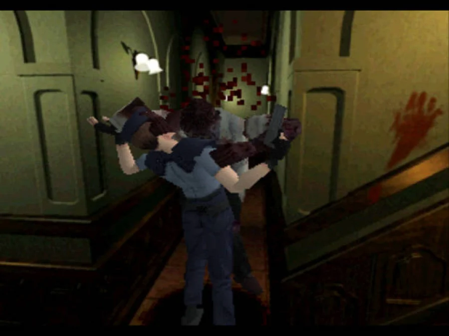Screenshot of Resident Evil. A zombie is biting Jill.