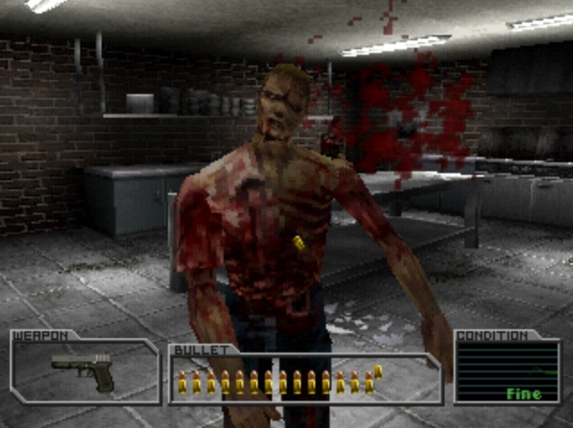 Screenshot of Resident Evil Survivor. It is a first person game, the player is shooting a zombie.