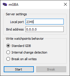 mGBA's GDB server settings